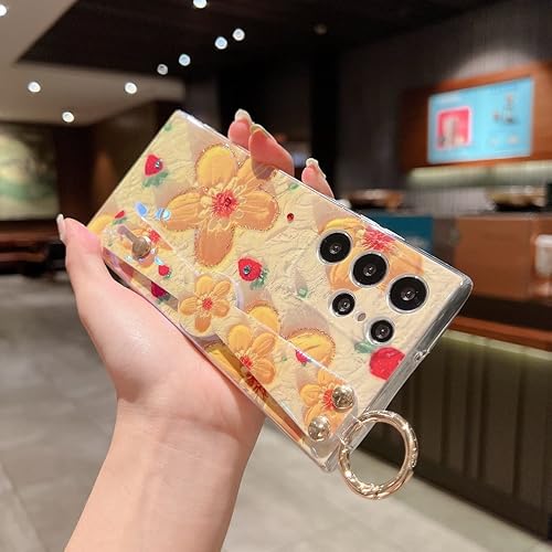 Miniatura 7 de Funda para Samsung Galaxy S22 Ultra de 6.8 pulgadas, brillante con soporte de correa, diseño de patrón de flores de pintura al óleo de silicona a