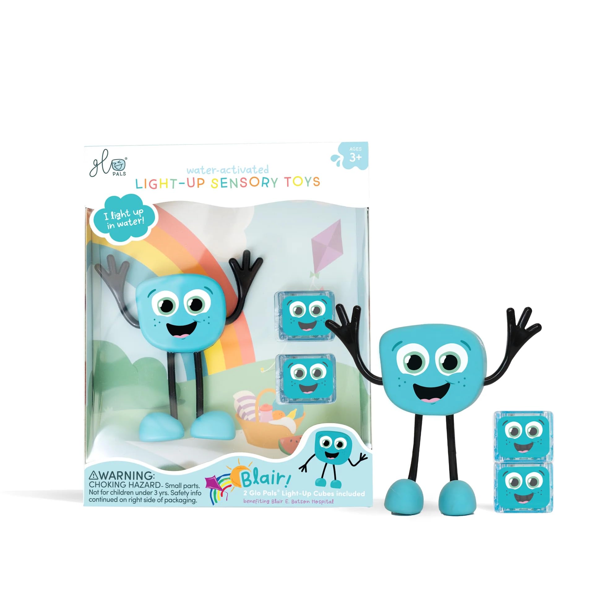 Glo Pals Party Character - Water-Activated Light-Up Sensory Bath Toy + 2 Reusable Cubes - Kids Colourful Bath Time Toy - Sensory Play - Gift for Boys & Girls 3+ (Blair - Blue)