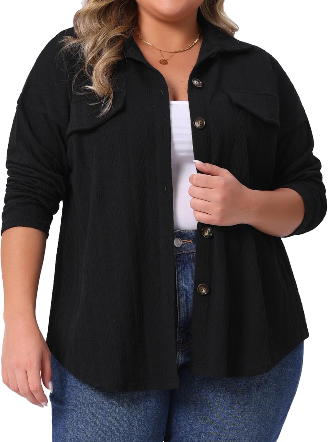 Agnes Orinda Plus Size Knit Shacket Jacket for Women Casual Long Sleeve Lapel Button Down Shirts Dressy Blouses Tops
