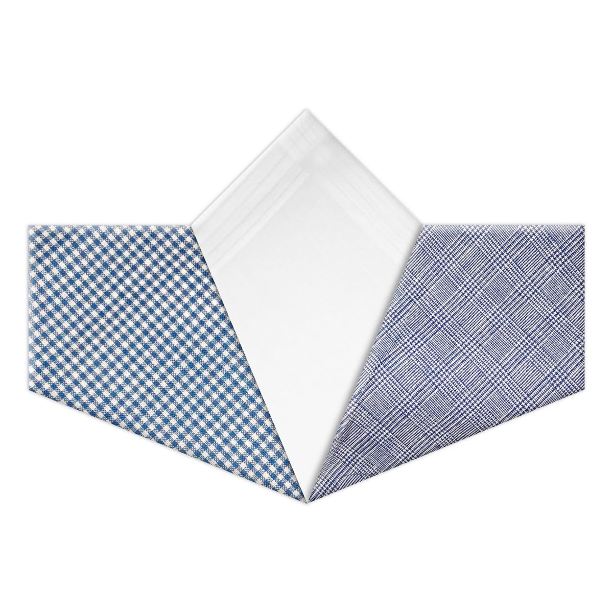 Warwick & Vance Men's Blue 100% Cotton Handkerchiefs Pack Of 3, Check Hankies With Satin Stripe Borders, 40 X 40Cm