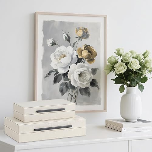 Miniatura 2 de Juego de 2 cajas de almacenamiento decorativas Shagreen beige con asas de metal negro, caja de joyería apilable grande y moderna con tapas