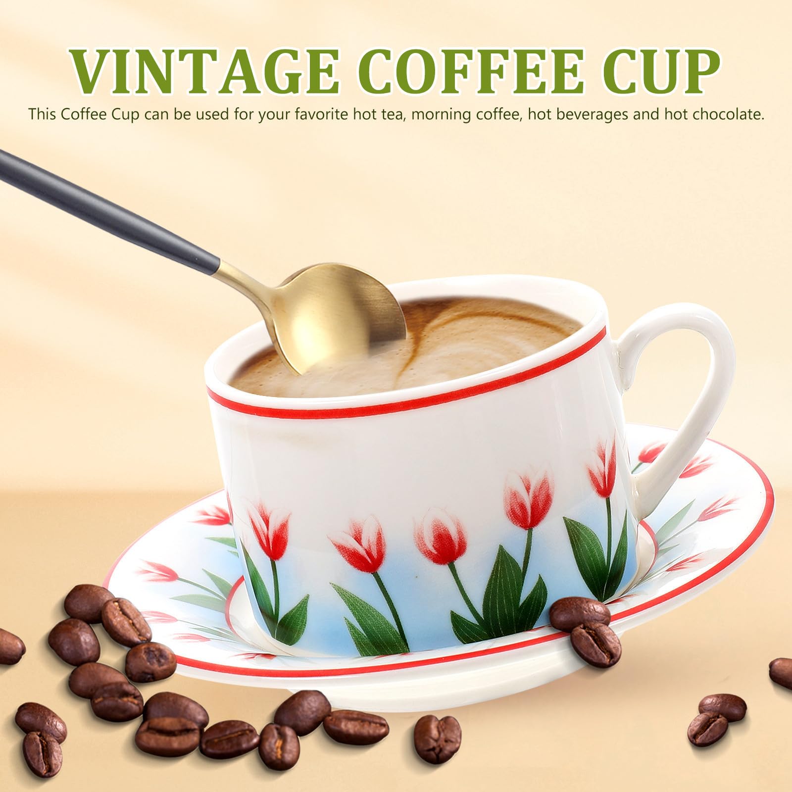 Genérico Juego de 2 Tazas de Café Vintage de Cerámica con Platillo | Agarre Cómodo y Asa Ergonómica, Superficie Lisa, Capacidad Adecuada para Uso Diario y Fiestas