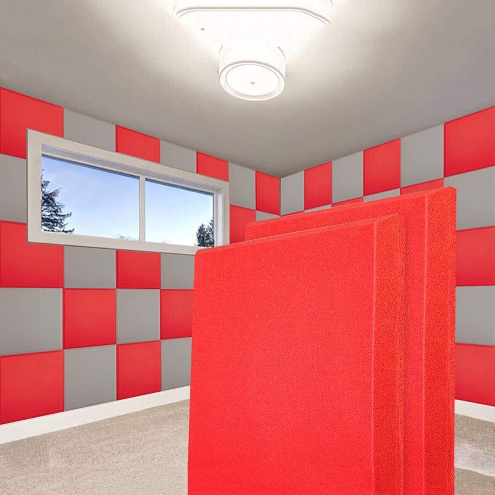 Schiuma Acustica, Pannello fonoassorbente Autoadesivo per la riduzione del Rumore, Piastrelle da Parete fonoassorbenti per Studio di Registrazione KTV (Rosso 10 Pezzi 50x50x5CM)