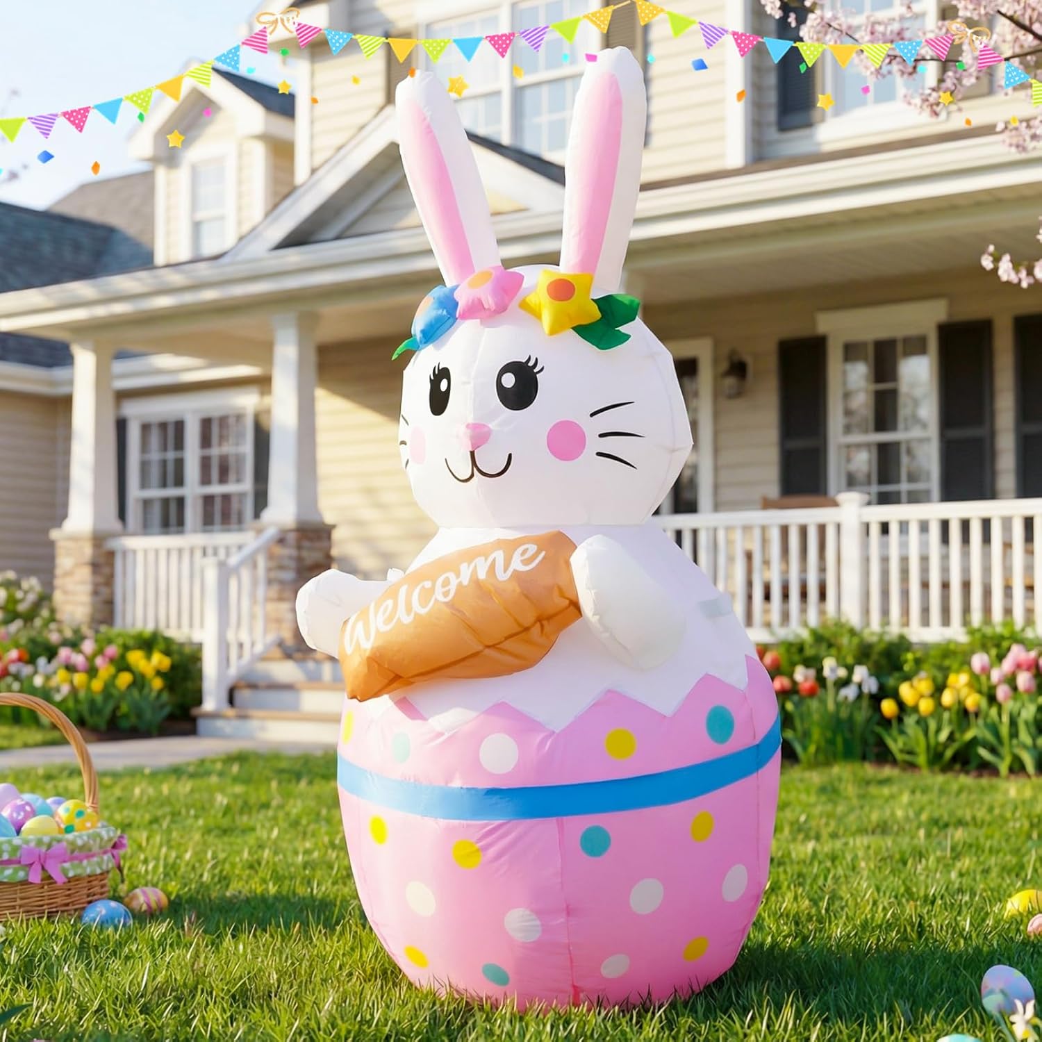 4FT Candy Bunny Easter Inflatables Outdoor Decorations, Blow Up Built-in LED Lights Happy Easter Yard Decorations for Holiday Party Indoor Outdoor Garden Lawn Decor