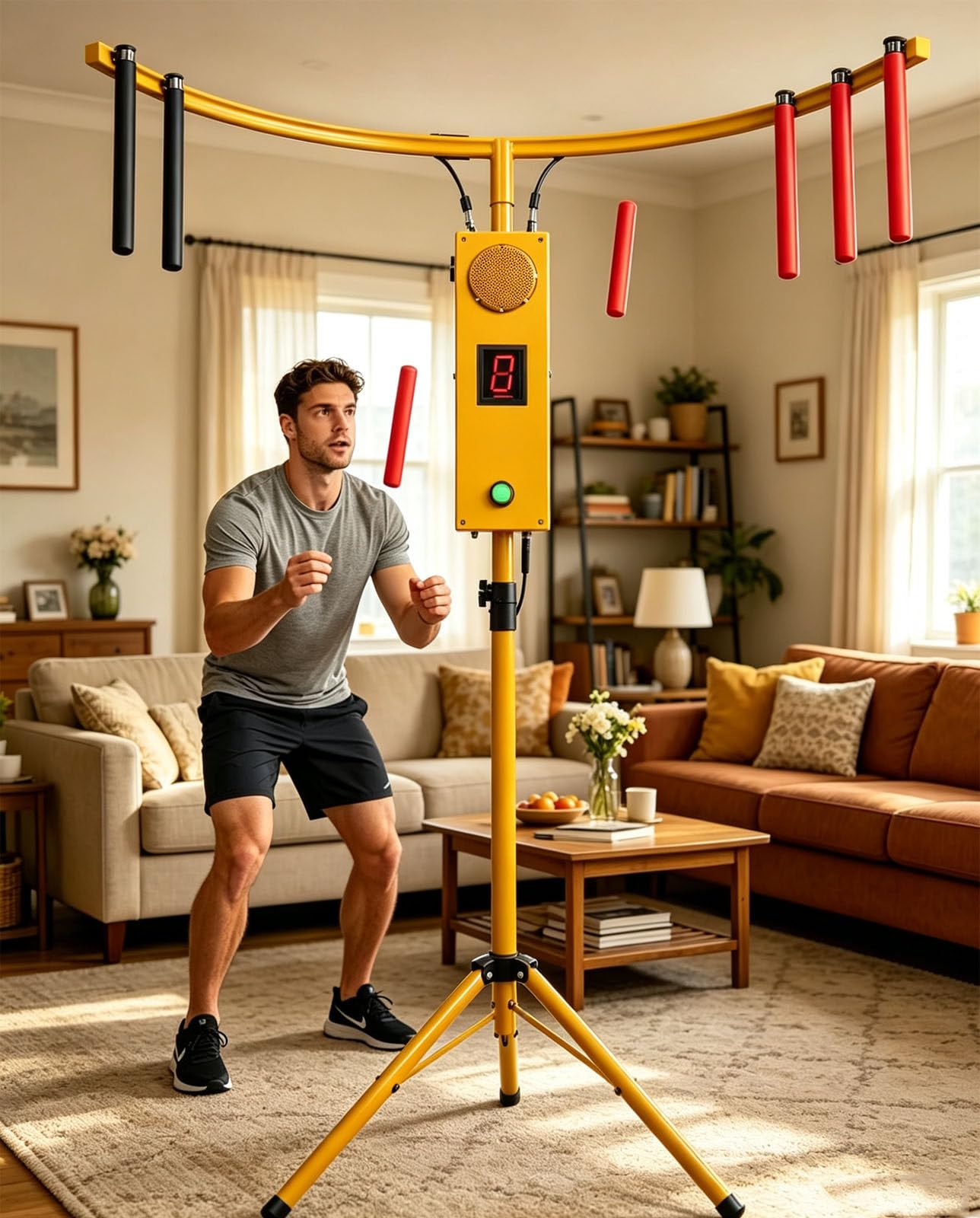 Máquina recreativa de Entrenamiento de coordinación Ojo-Mano con Velocidad Ajustable, Catch Stick, 10 Palos, trípode Ajustable, MP3, Luces LED Yellow