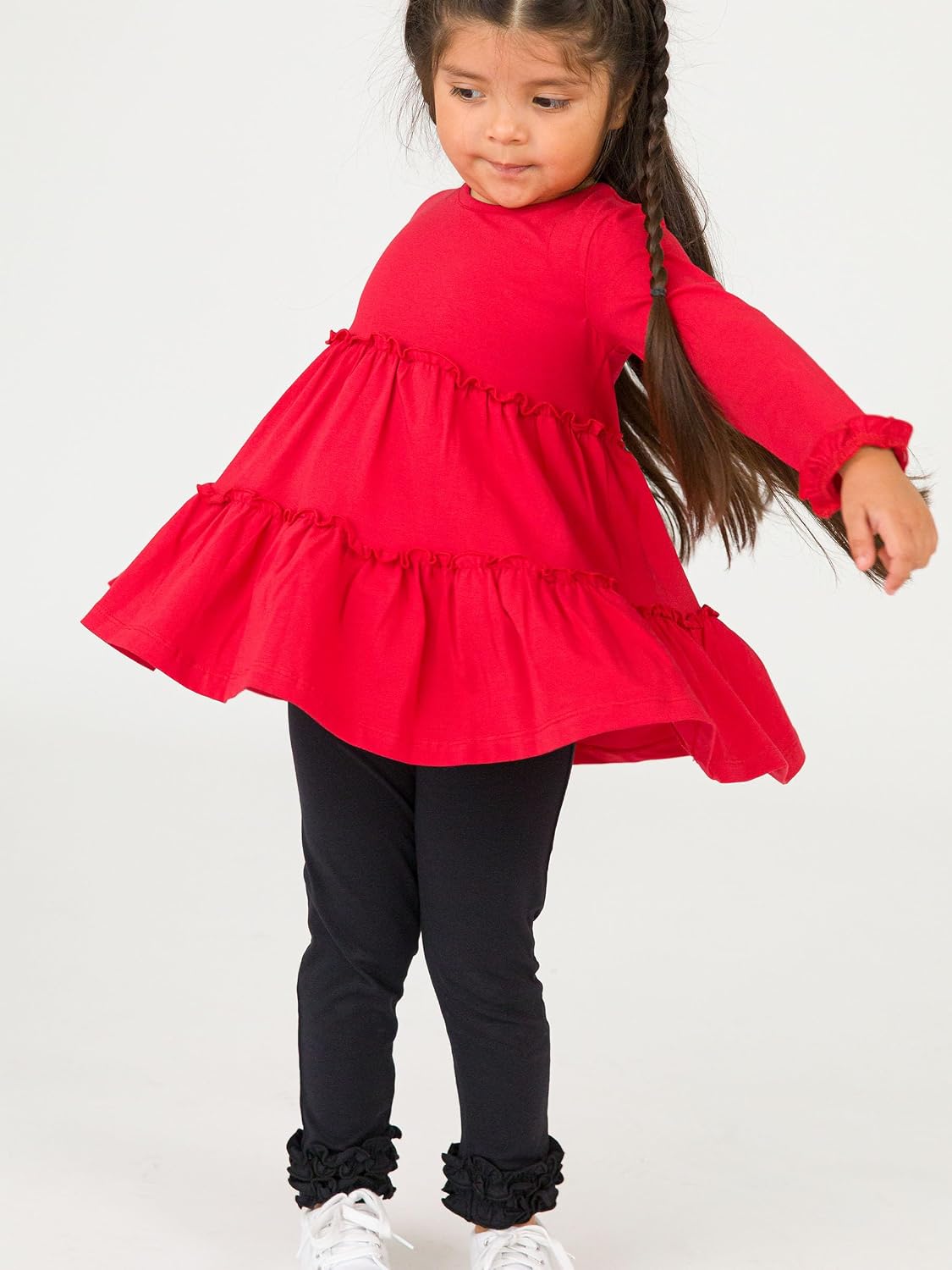 RuffleButts® Baby/Toddler Girls Long Sleeve High Low Flowy Ruffle Tunic Top