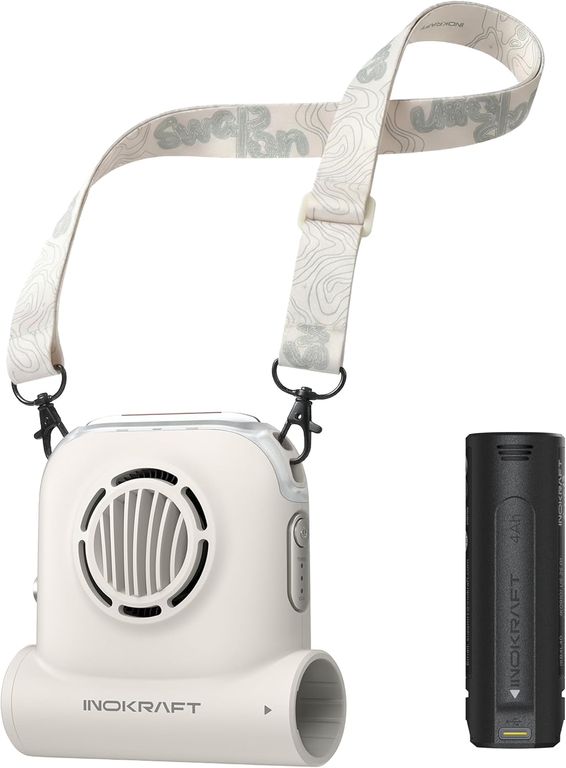 InoKraft Trail Fan, Clip-On Waist Fan, Includes 1 Swap-On 4Ah Rechargable Battery, 49ft/s Turbo Personal Fan, Hands-Free Portable Cooling Fan for Hiking, Camping & Outdoor Work, Shell White