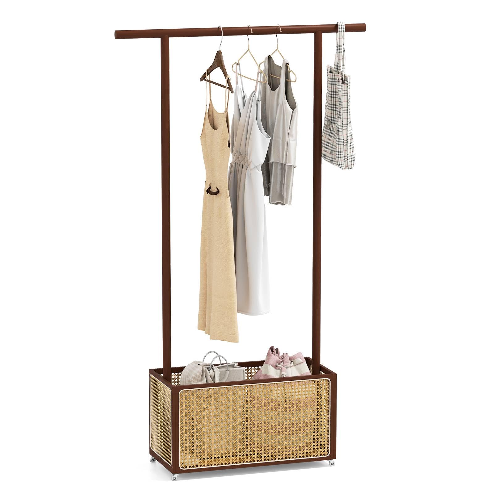 Multigot Clothes Rail, Bamboo Garment Rack Clothes Hanger with Rattan Storage Basket, Hanging Rail & Wheels, Freestanding Coat Stand Closet Organizer Open Wardrobe for Bedroom Hallway (Brown+Natural)