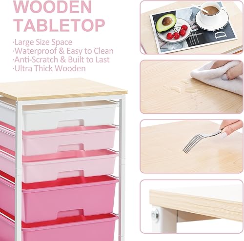 Miniatura 5 de SYKIARIOL Carrito utilitario con 5 cajones, carrito de almacenamiento con mesa de madera y ruedas con cerradura, carrito de almacenamiento para