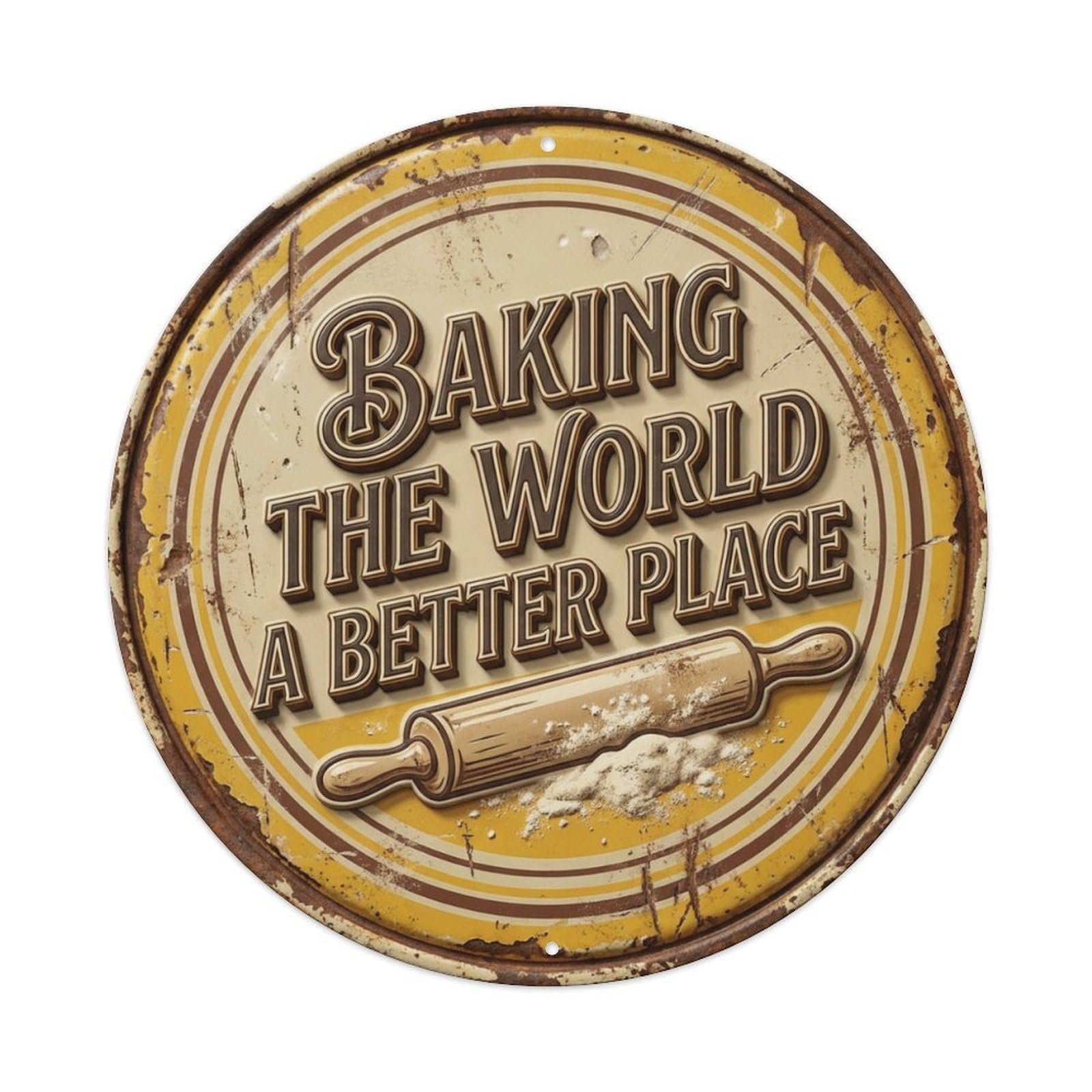 Baking World Better Place Nostalgic Living Display Retro Slogans Vintage Metal Tin Sign Plaque Wall Decor for Cafe, Club, Garden Round Metal Poster 8x8Inch