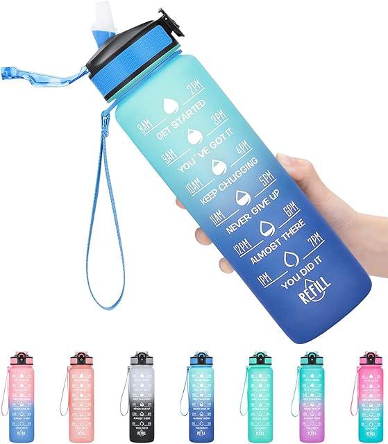 MEITAGIE 1 litre Motivational Fitness Sport Water Bottle with Straw & Time Maker, Leak-proof, BPA-free, Tritan, Toxin Free Plastic Drink Bottle Design for Girls, Boy