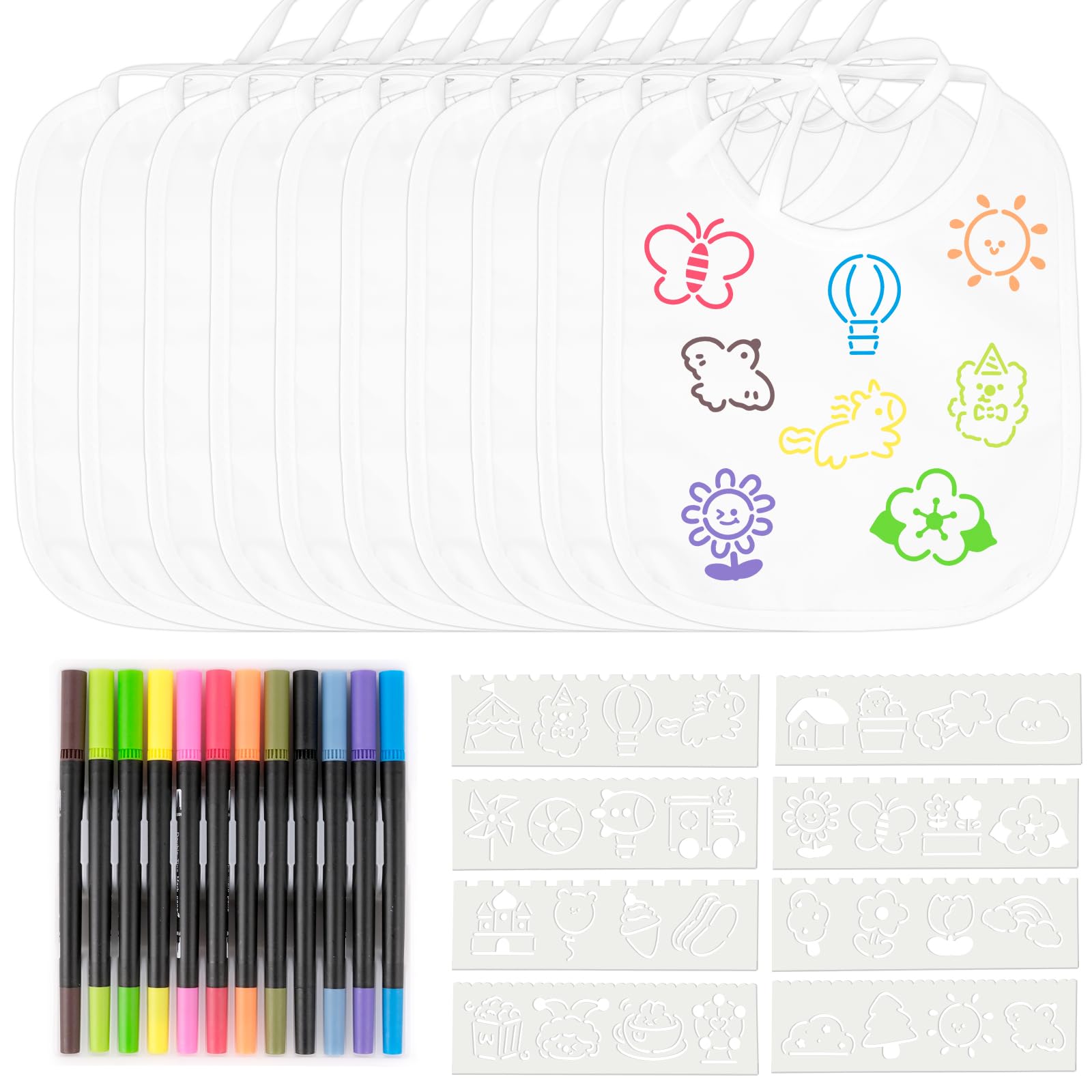 Baberos de bebé para pintar- 10 baberos blancos impermeables - 12 bolígrafos textiles y 8 plantillas de pintura, regalo para fiesta de baby shower