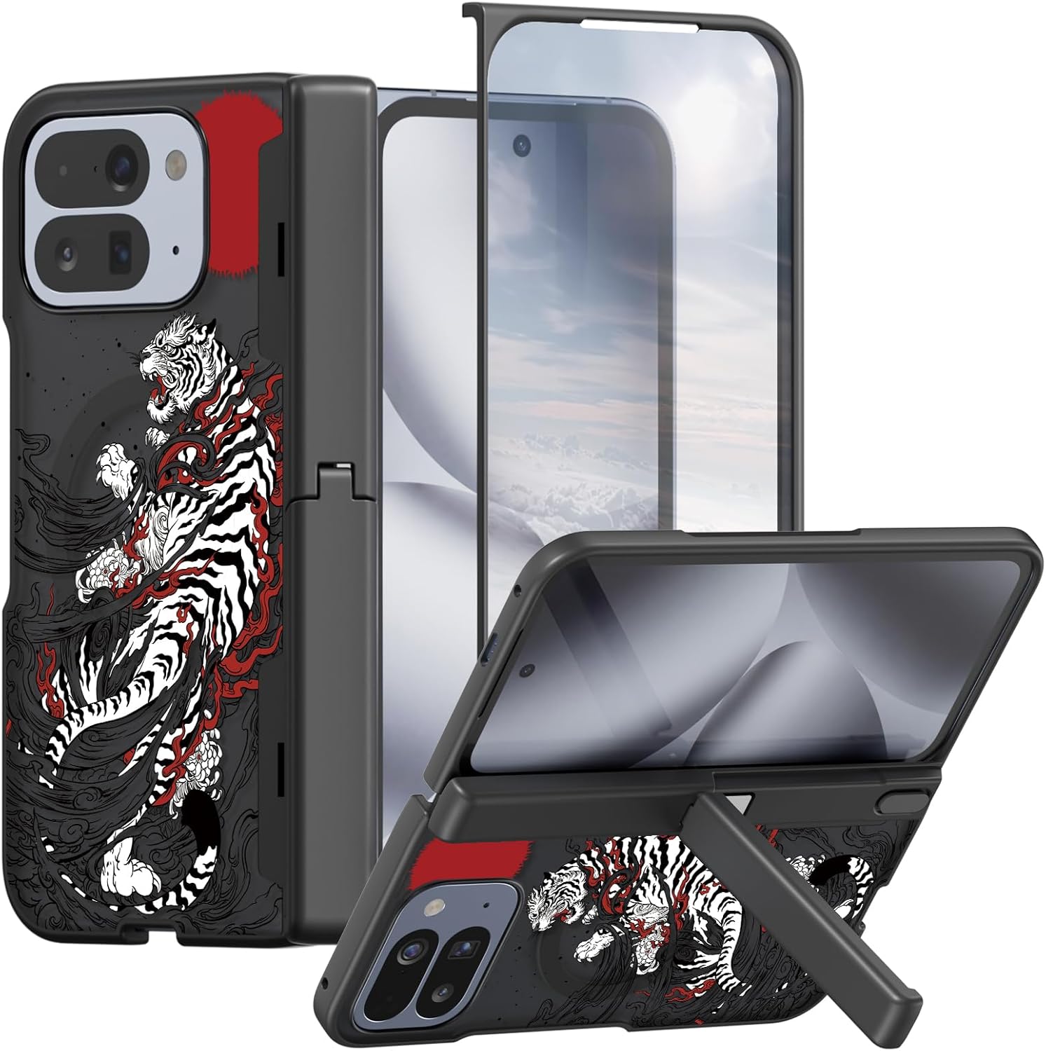 Magnetic for Google Pixel 10 Pro Fold Case with Magsafe - Built-in [Screen Protector] [Hinge Protection] [Kickstand] - Full Body Protective Phone Case - White Tiger Black