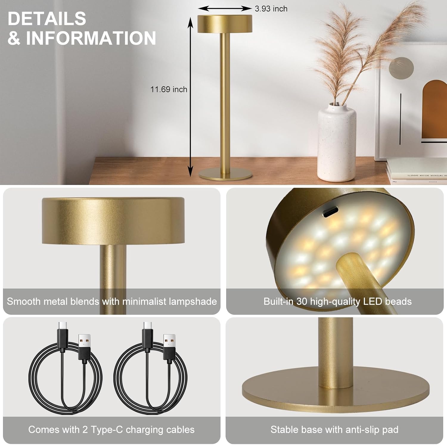 Briever 2 Pack Cordless Table Lamps, Rechargeable Battery Operated Lamp with 3 Colors Stepless Dimming, Portables LED Desk Lamp for Outdoor Dinner/Living Room/Bedroom/Restaurant/Patio/Camping (Gold)