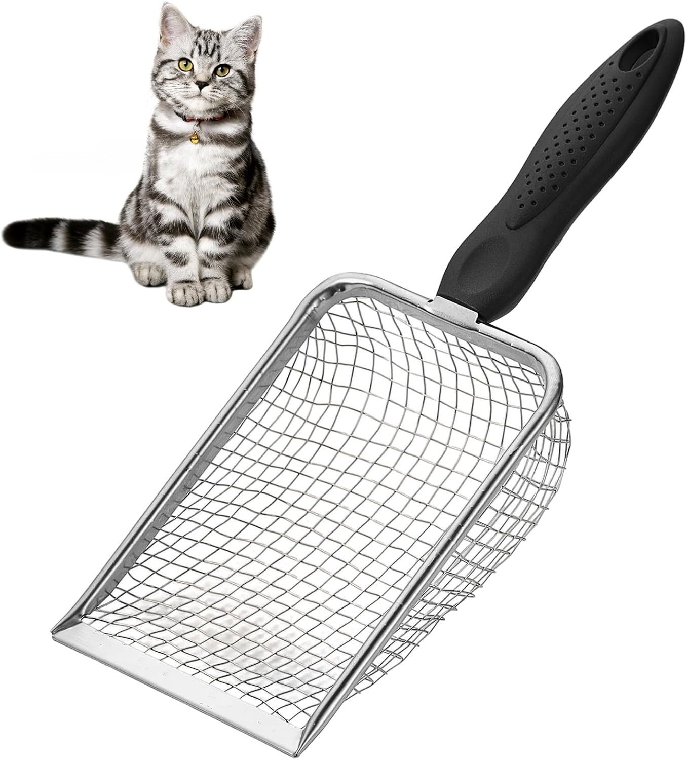 Cat Litter Scoop, Stainless Steel Mesh Scooper, Sturdy Metal Litter Scoop, Easy to Clean Cat Dog or Reptile Terrarium Sand Waste, Beach Shovel (Extra Large Hole:5.0mm/Black)