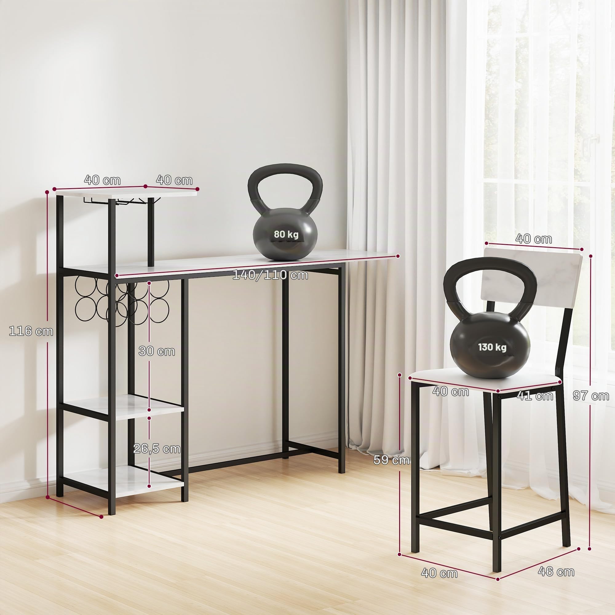 HOMCOM - Conjunto de Mesa de Bar con taburetes, Mesa de Comedor de pie con 2 sillas de Bar, Tapa Plegable, taquillas para Vino, portavasos, estantes Abiertos y reposapiés, Efecto mármol Blanco