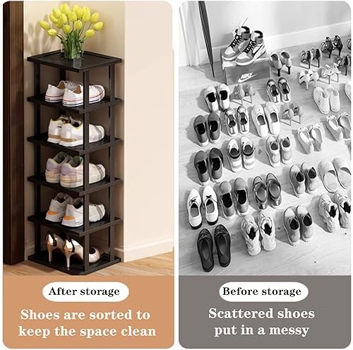 Miniatura 4 de Zapatero vertical  Organizador de zapatos alto y estrecho para espacios pequeños, estante de bambú de 5 niveles para entrada, armario, esquina,