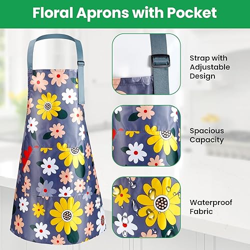 Miniatura 4 de 4 delantales florales para mujer, delantales para mujer con bolsillos, delantal de cocina ajustable, delantal impermeable para cocina