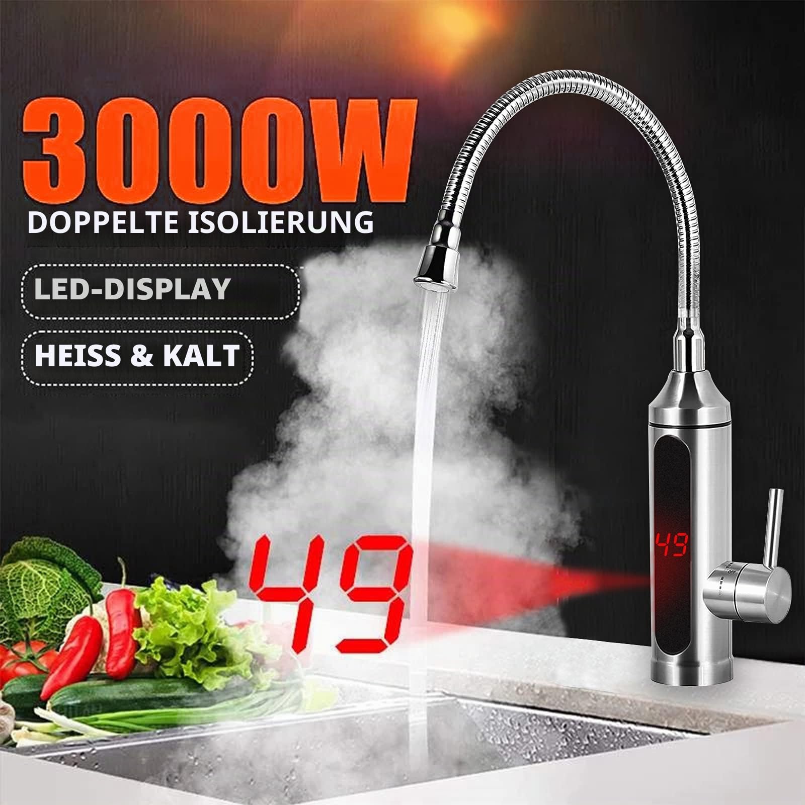 Elektrische Wasserhahn Edelstahl Armatur 3300W Sofortiger Warm KüChenarmatur Elektrischer Heizung Wasserhähnen, Mischbatterie mit Durchlauferhitzer-360° LED Temperaturanzeige Smart Heater Armatur