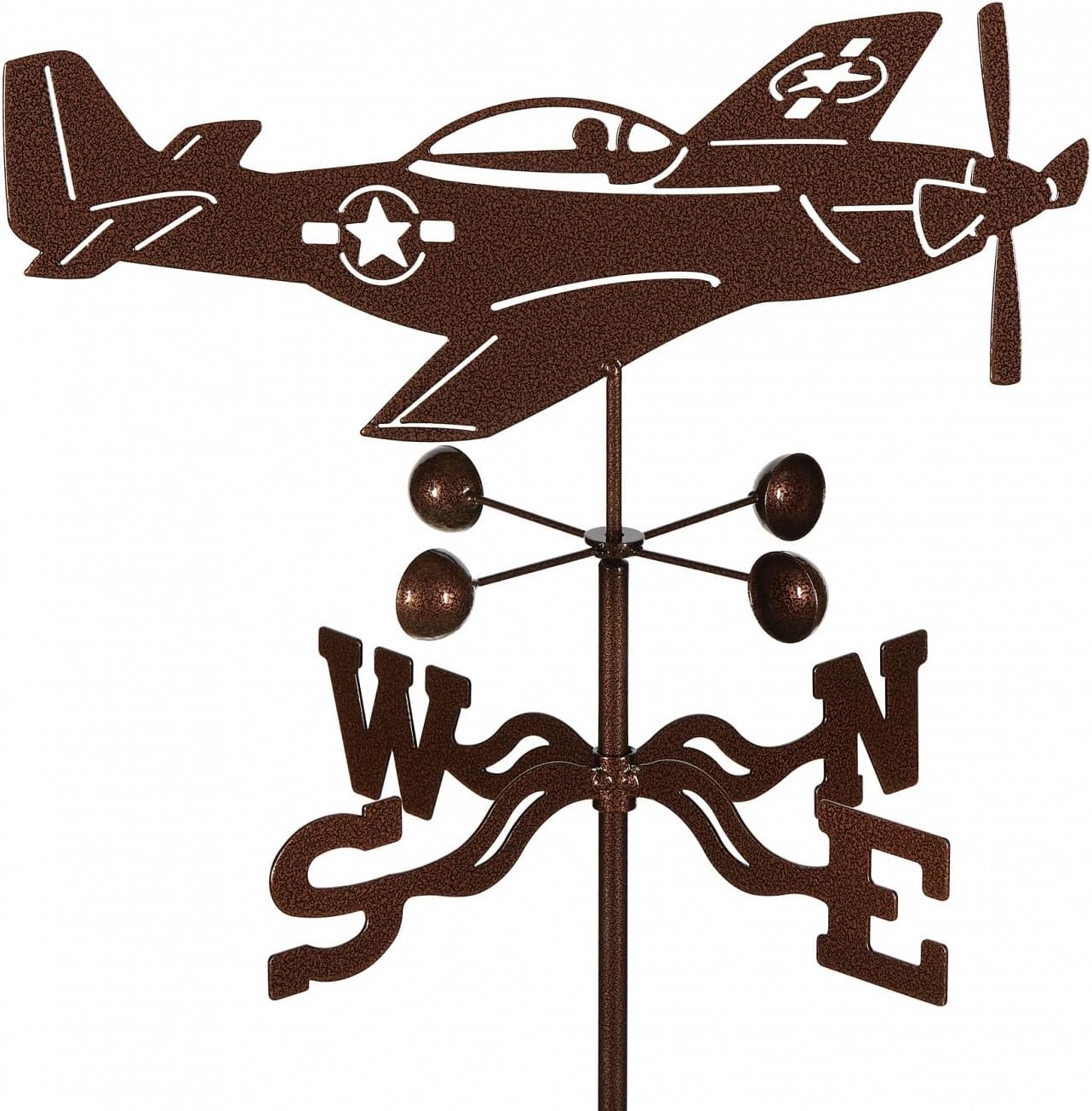 EZ Vane P-51 Mustang Airplane Weathervane — Post Mount, Wind Cups, Antique Copper Finish, Steel with Durable Triple Powder Coating, Handcrafted in USA