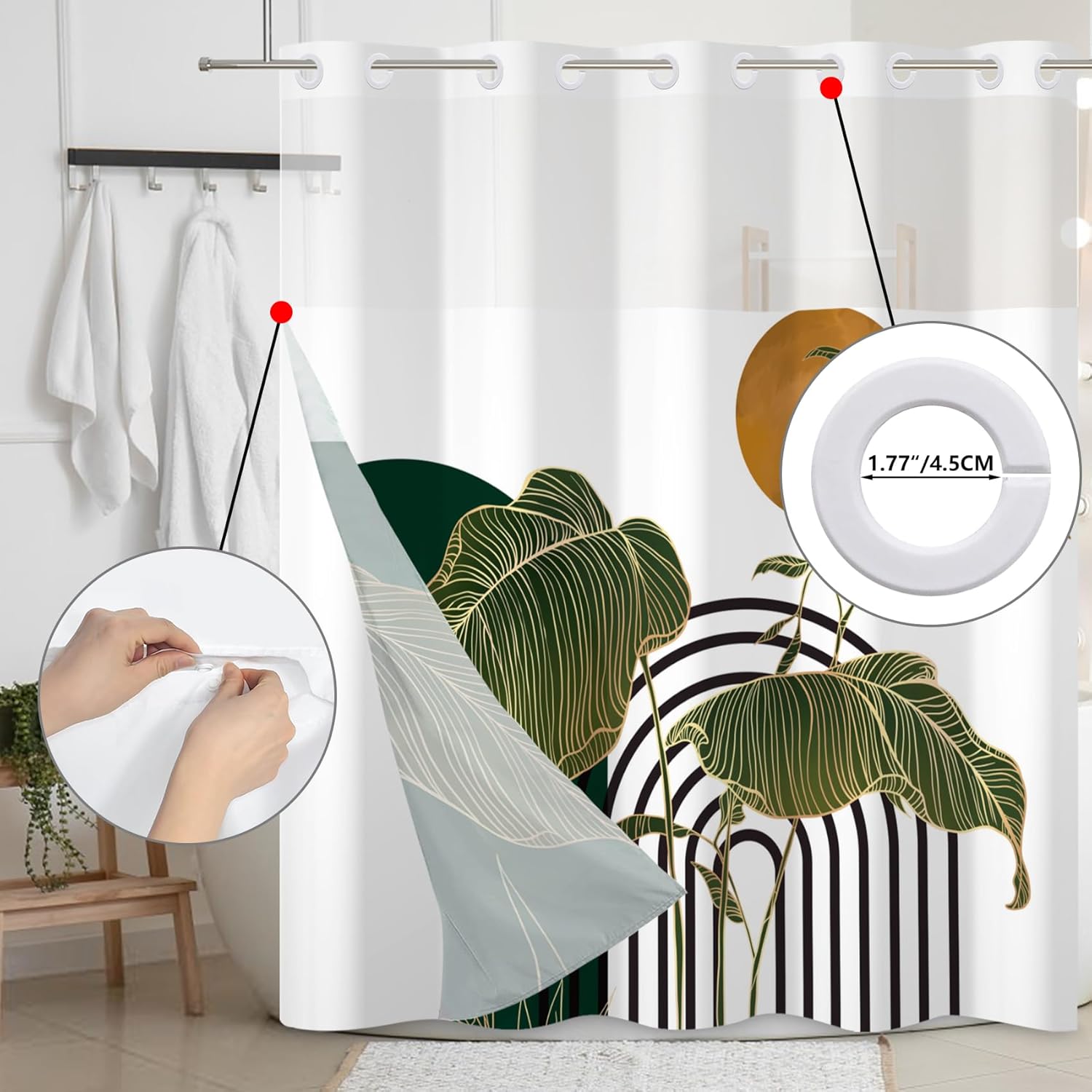 Baocicco No Hook Green Boho Shower Curtain with Snap in Liner Modern Abstract Shower Curtain with Snap-in Fabric Liner Set Double Layers Waterproof Fabric with See Through Top Window Bath 71x74 Inch