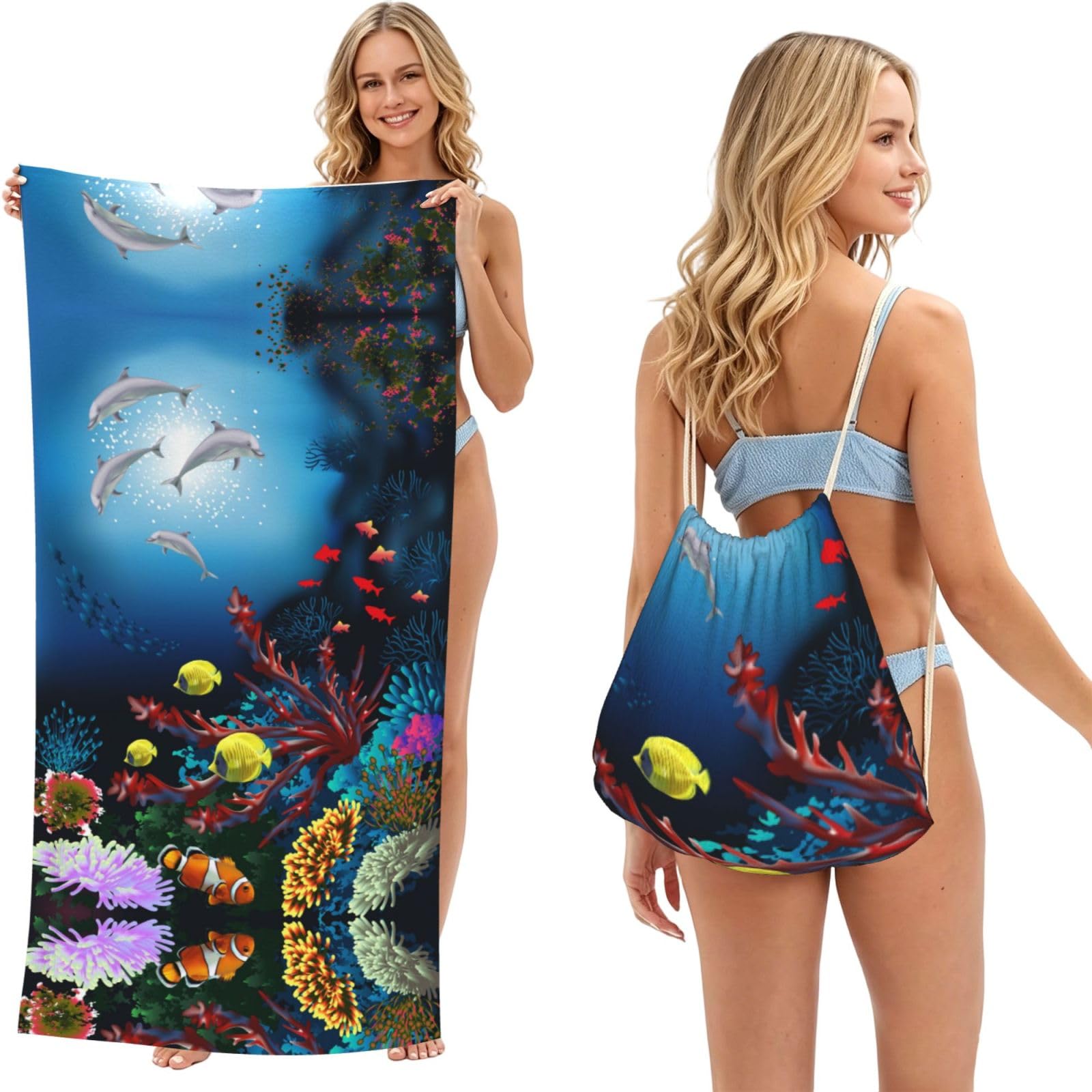 SATUSA Underwater Dolphins Coral Fish Print 2-In-1 Foldable Beach Towel Backpack â€“ Camping, Yoga And Travel,Bath Towel With Built-In Storage, Convertible Beach Mat & Carry Bag