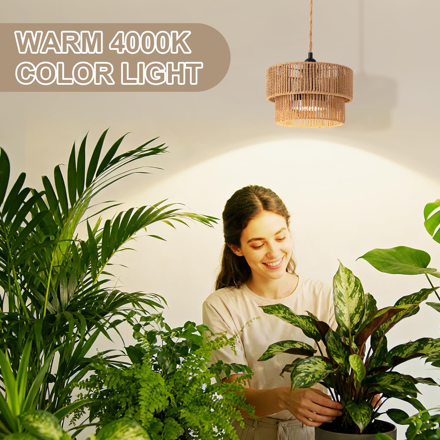 Hanging Grow Light for Indoor Plants, Full Spectrum 30W 4000K LED Pendant Light with Timer, Hand-Woven Paper Rope Shade, 15FT Cord, Adjustable Hanging Kit for Seedlings, Flowers, Succulents