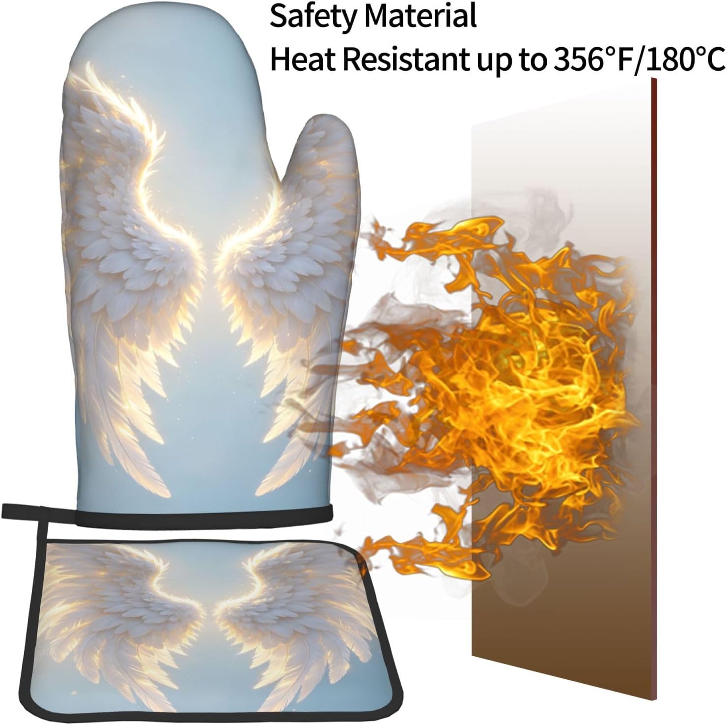 Angel Wing Oven Mitts and Pot Holder Set of 2 Heat Resistant Oven Glove Set Non-Slip Potholders Kitchen Oven Gloves and Pad for Baking Cooking Grilling BBQ