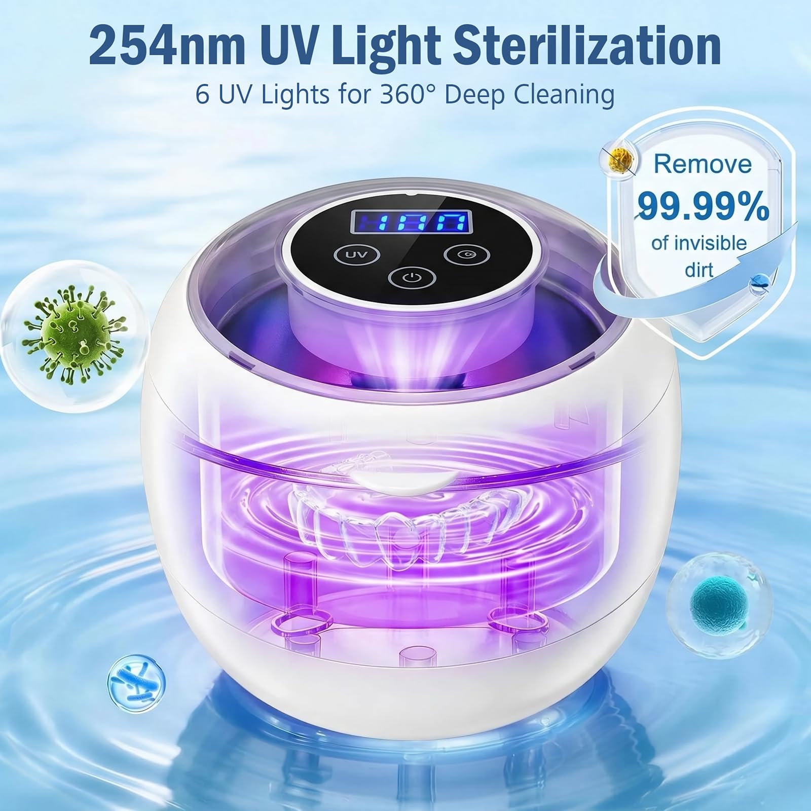 Ultraschallreinigungsgerät 45000Hz UV und 24W, aufladbarer Ultraschallreiniger mit 4 Modi – für Zahnersatz, Retainer, Aligner, Zahnschienen, Prothesen und Schmuck, inkl. digitalem Timer