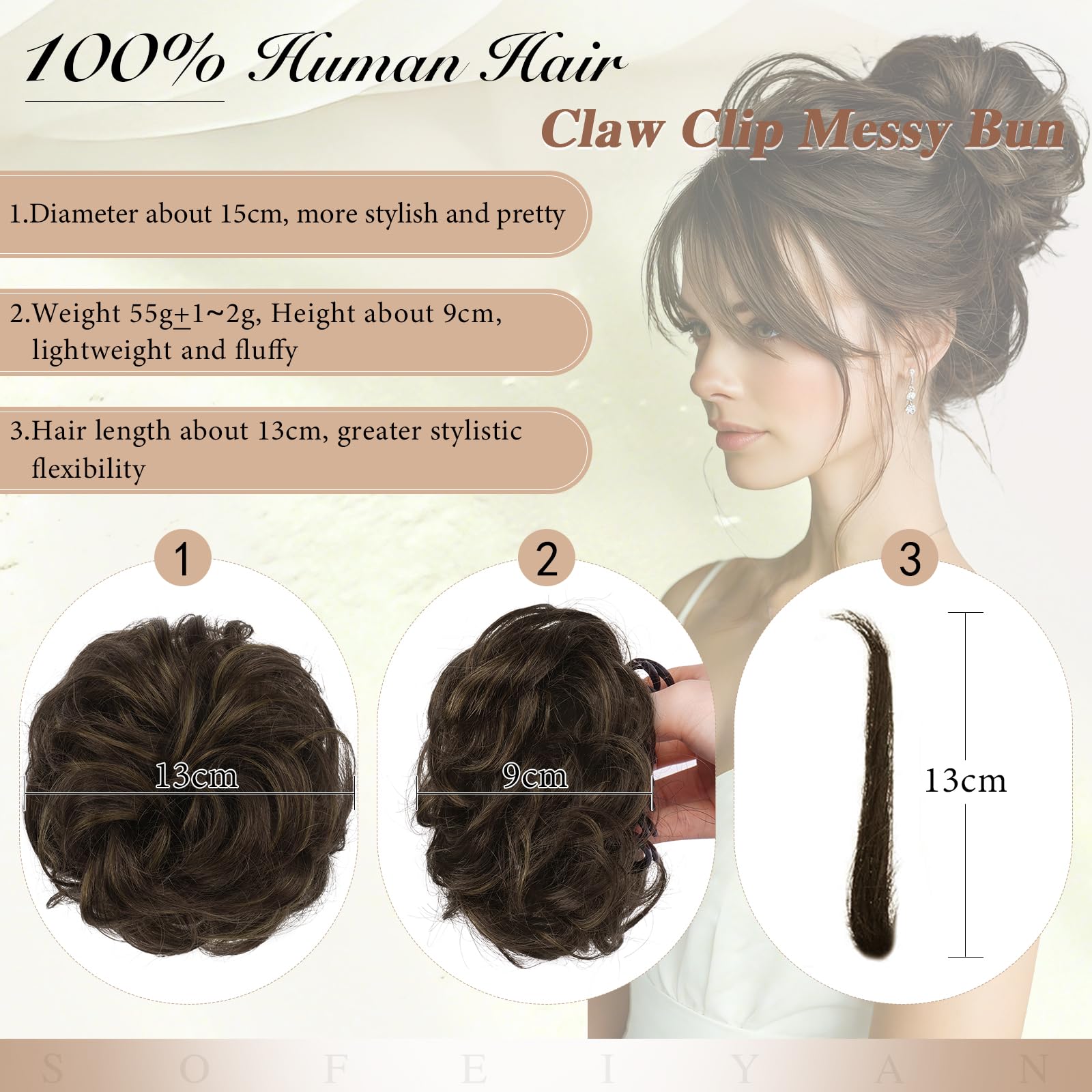 Sofeiyan Messy Bun Haarteil mit Klammer 100% Haarteile Echthaar Dutt Gewelltes Locken Clip in Claw Hair Scrunchies für Damen,Dunkelbraun & Mittelblond Zerzauste Echtes Haar Chignon
