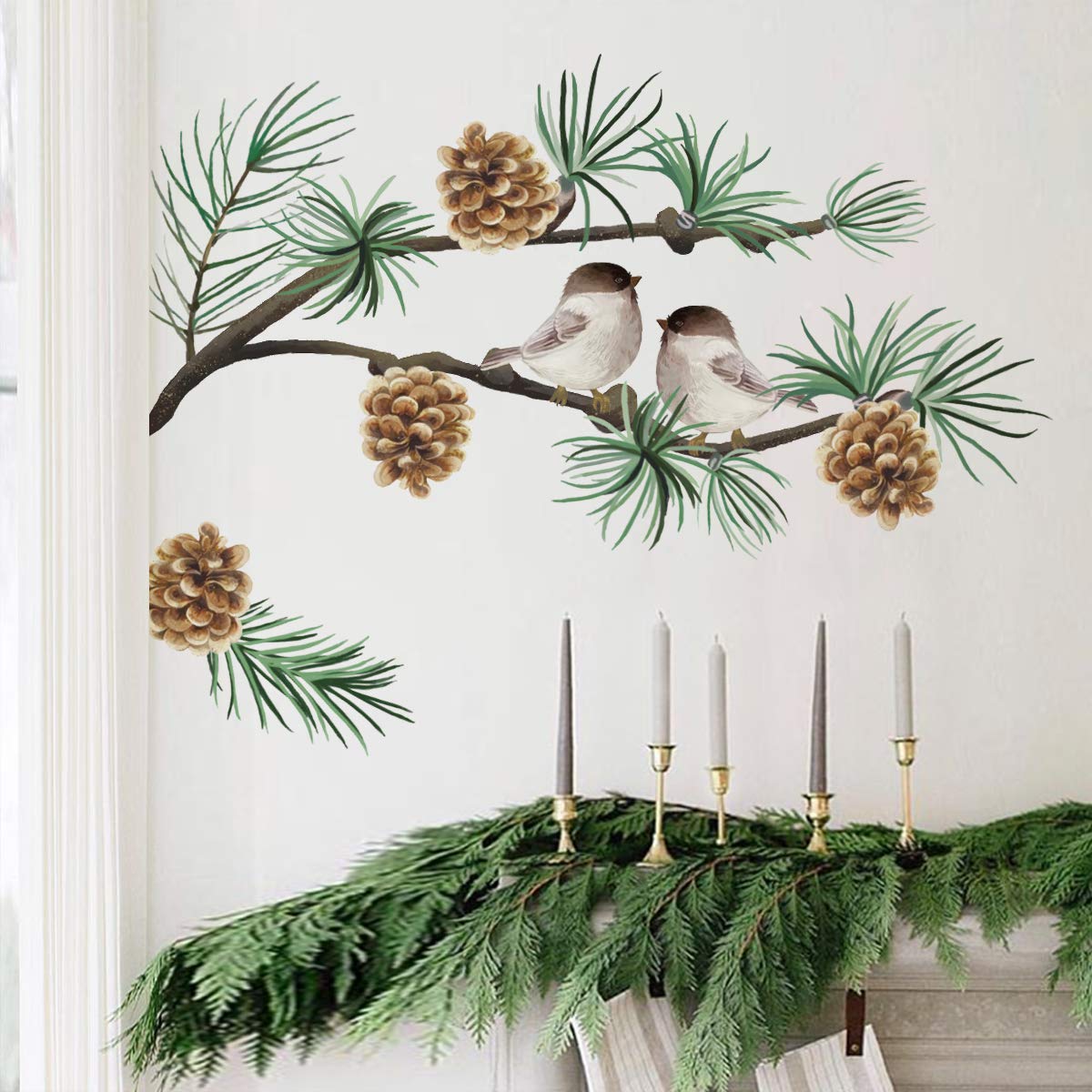 ufengkeSnowbirds Pine Cones Wall Stickers White Christmas Wall Decals Art Decor for Living Room Bedroom