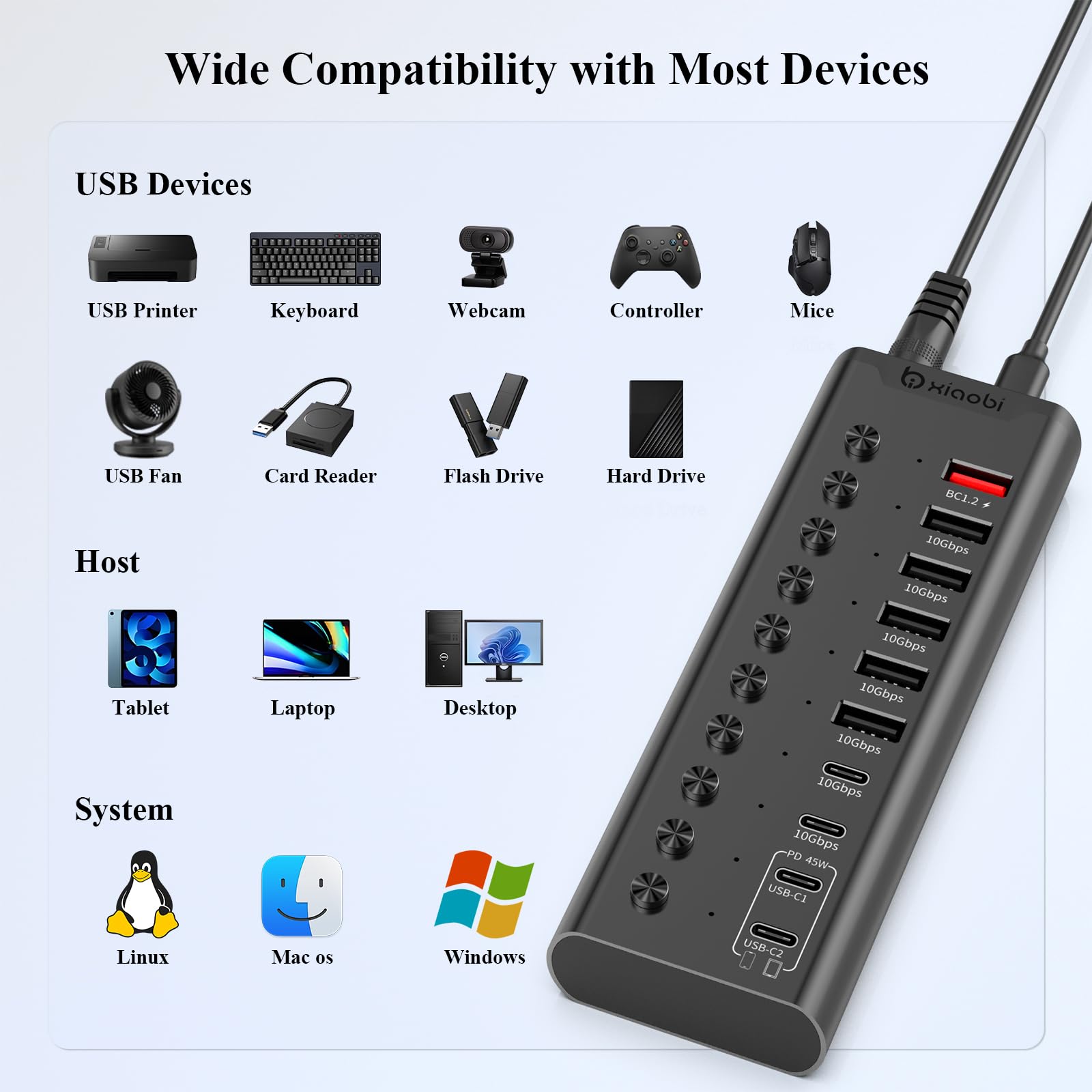 Aktiver USB-Hub, 10-Port USB-C-Hub mit 5X USB-A 3.2 und 2X USB-C 3.2, BC1.2 & 2X PD 45W Ladeports, Einzelschalter, 24V/3A Netzteil, USB-Erweiterung für PC UVM. (Schwarz).