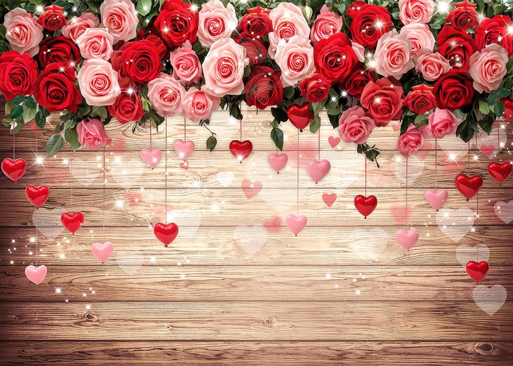 Dudaacvt 7x5ft Valentine's Day Backdrops Brown Wood and Red Rose Flower Love Heart Backdrop Valentines Birthday Wedding Bridal Shower Party Decorations Banner
