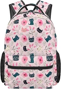 Cat Backpack For Kids Pink Flowers Backpacks For Girls Large School Bag For Elementary Lightweight Bookbag With Top Handle And Side Pockets