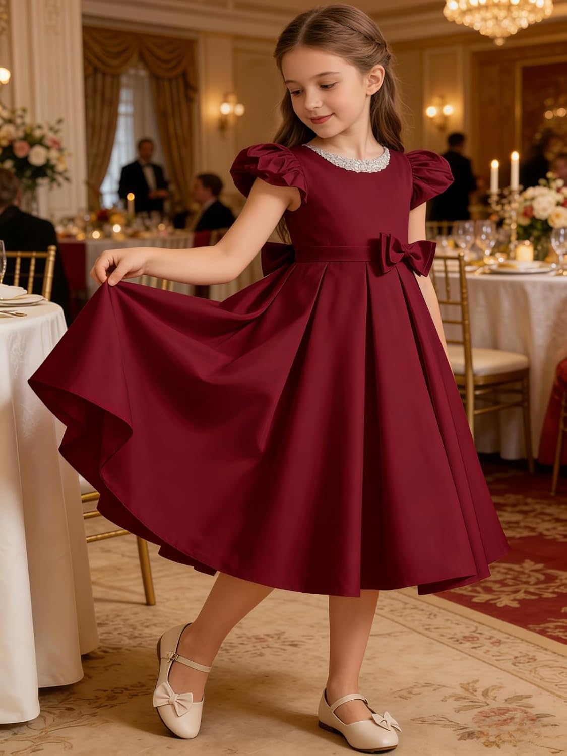 Beaded Satin Flower Girl Dress Bow Puff Sleeve Long Junior Bridesmaid Dresses Pageant Wedding Party Gown 2-14Y