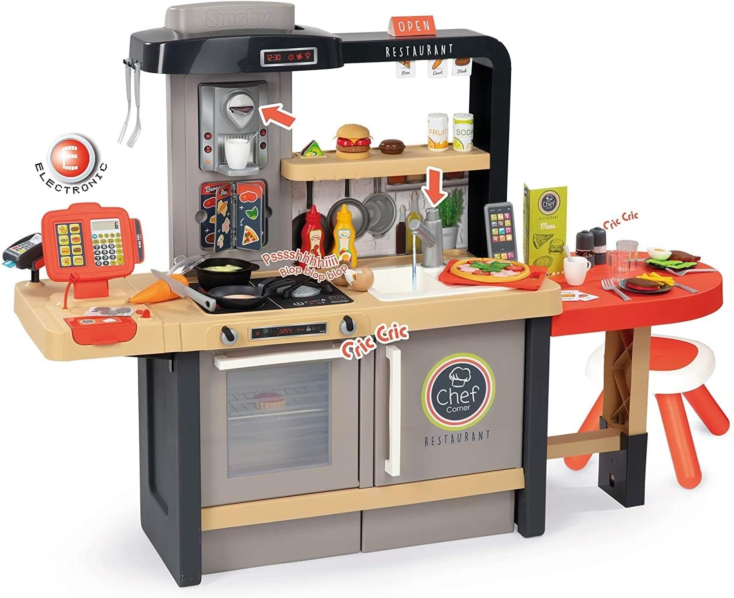 2 in 1 Chef Corner Restaurant, Kids Role Play Pretend Kitchen and Restaurant with Lights, Sounds and 70 Accessories