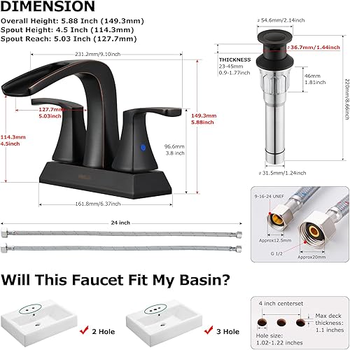 Miniatura 5 de PARLOS Grifo de baño con 2 manijas de cascada con drenaje emergente de metal y líneas de suministro de grifo, bronce aceitado, Doris 14069