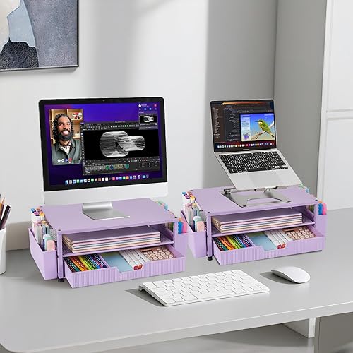 Miniatura 7 de Organizador de escritorio y accesorios, soporte para monitor de computadora de 2 niveles con cajón de almacenamiento y 2 soportes para bolígrafos,