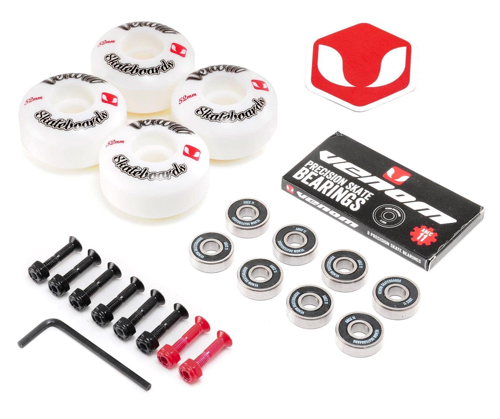 Venom Skateboards Wheels and Bearings Pack - ABEC 11 Skateboard Bearings + Skate Wheels + FREE 1" Skateboard bolts - Skateboard Accessories for Park/Street 99a Durometer 608 Bearings - 54mm