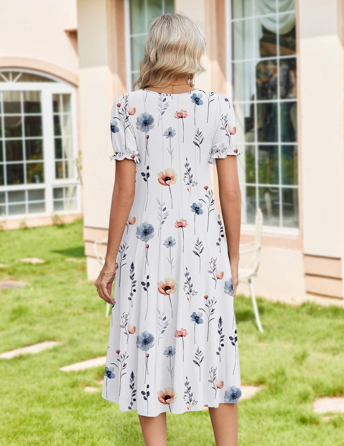 Zeagoo Womens Summer Dress Casual Midi Dresses 2026 Short Puff Sleeve Flare Dress Pleated Flowy Sundress with Pockets - Image 2