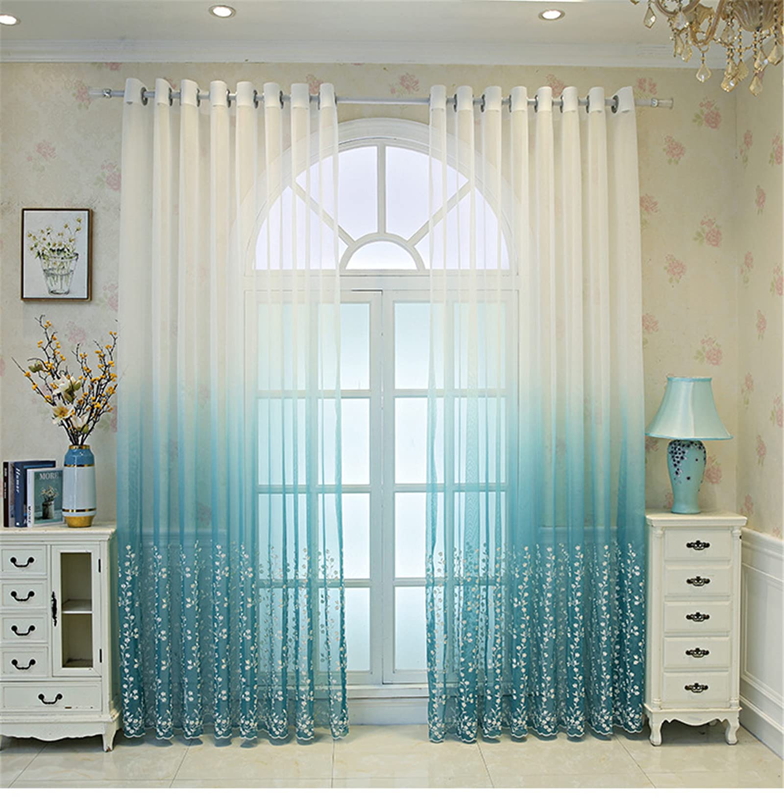 Hiseng Voile Curtains for Bedroom 2 Panels, Sheer Curtains Eyelets Net Translucent Window Screen Embroidery Tulle Door Drapes for Living Room Balcony Home Decorative (Pink,106x182cm)