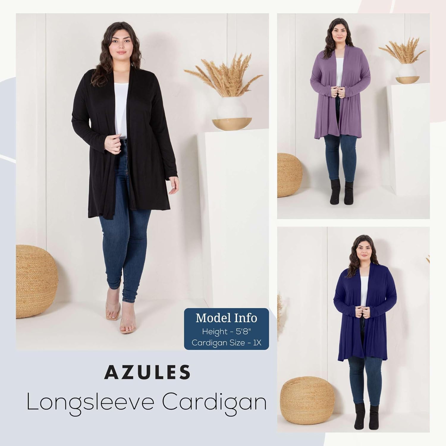 Azules 3 Pack Lightweight Cardigan for Women – Long Sleeve Open Front Longer Length & Flowy Rayon Casual for Everyday Wear