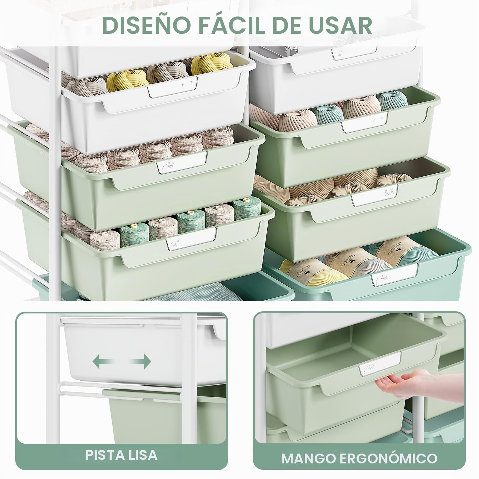 SYKIARIOL Carro de baño con 10 cajones y encimera de madera, verde | Carrito de manualidades con ruedas, estructura de acero, carrito de almacenamiento para baño, cocina, salón y dormitorio