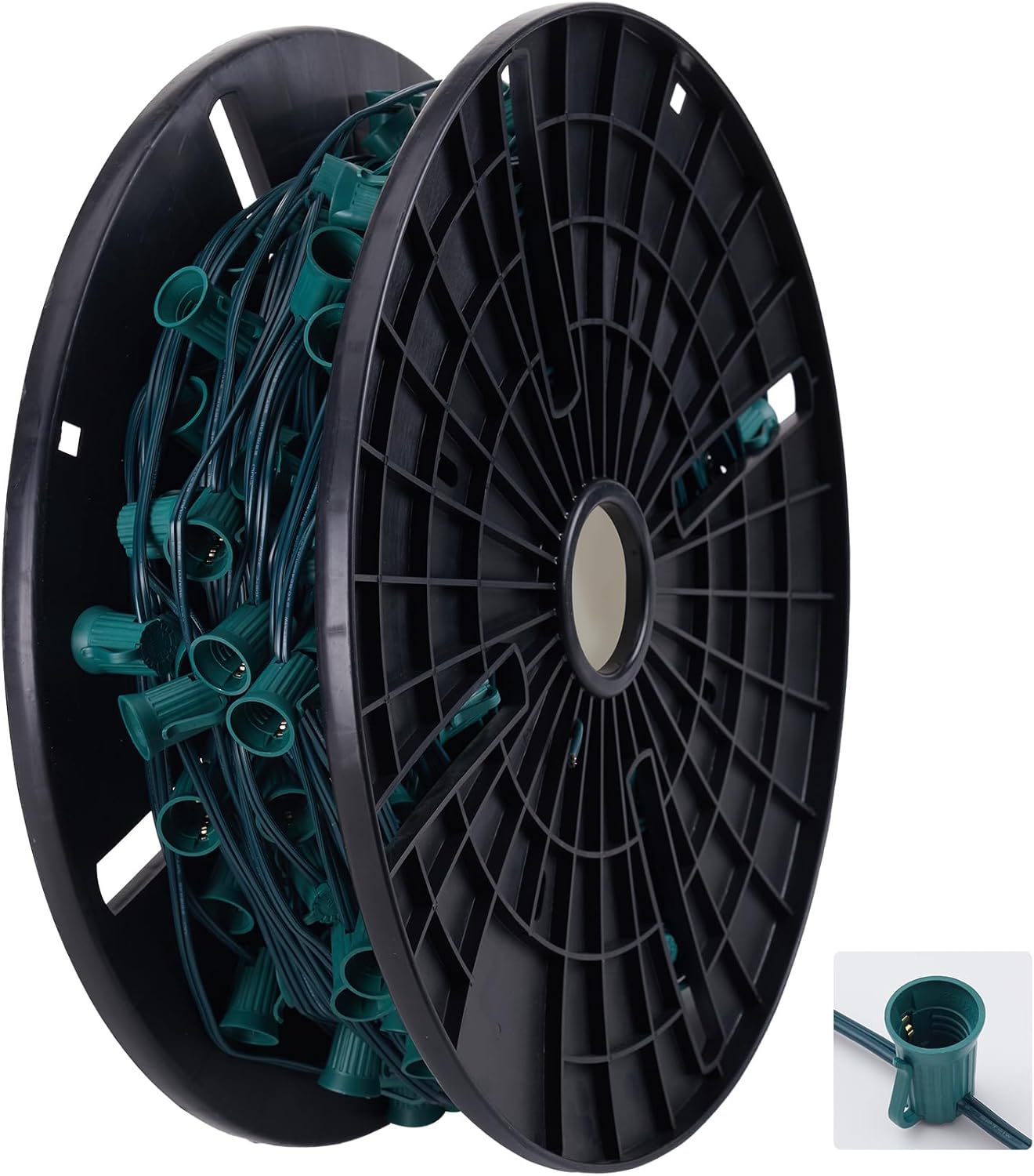 Brightown Commercial 250 FT C9 Christmas Light Sockets Set Spool, C9 Christmas Stringer Bulk Reel, C9 E17 Candelabra Base, SPT-1 8-Awg, Green Wire C9-Green Wire 250FT
