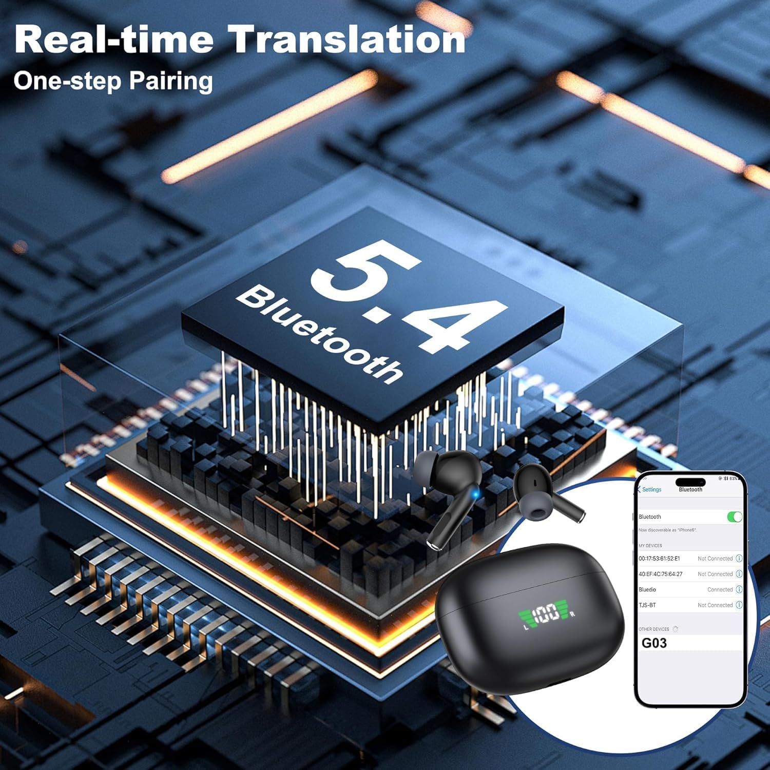 AI Translation Earbuds Real Time - 3-in-1 Bluetooth 5.4 Translating Ear Buds, 144 Language,Bluetooth Translation Headphone, 80H Playtime Translator, iOS ＆ Android, Travel Business Learning,(Black)