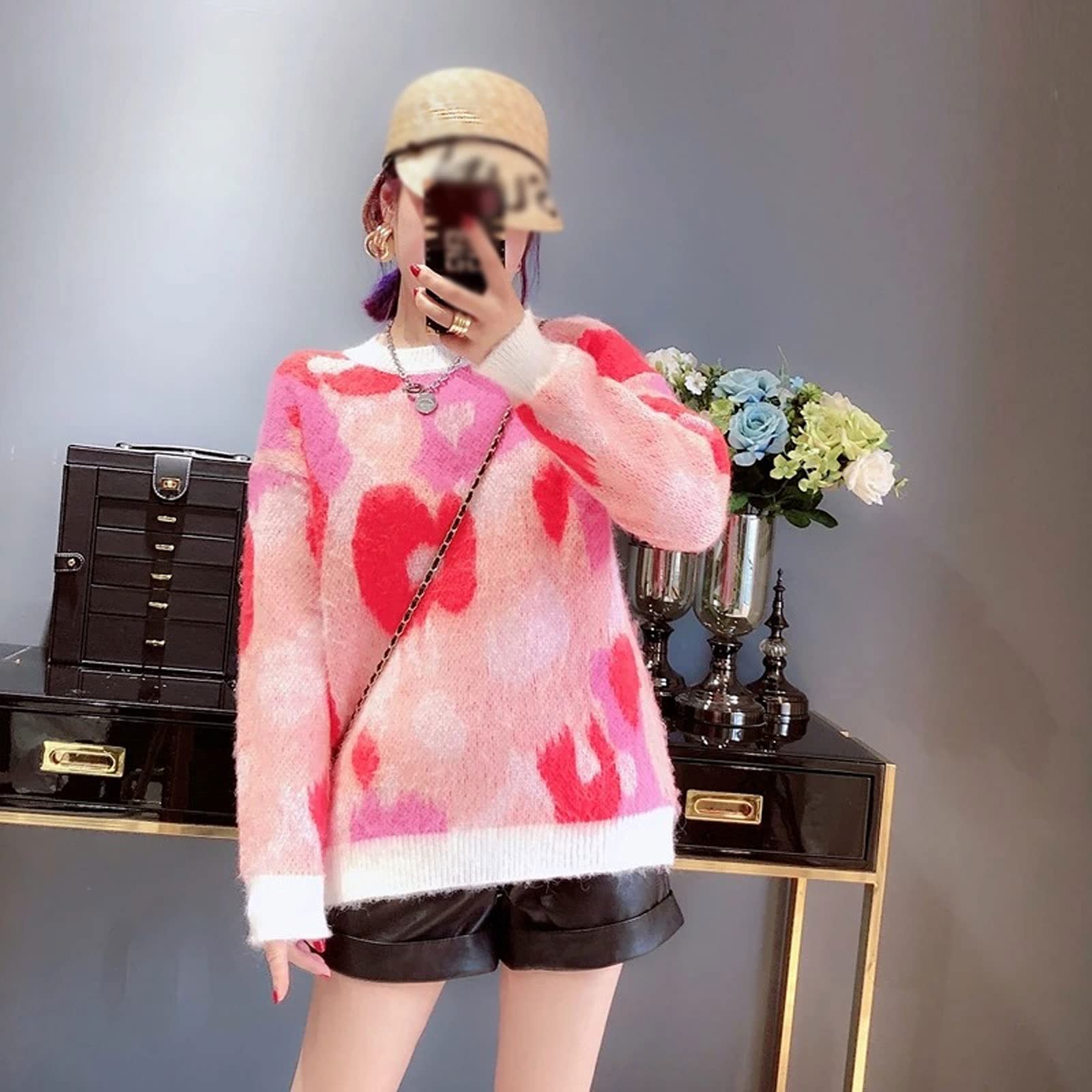 Damskie swetry jesienno-zimowe moherowe sweter damski sweter okrągły dekolt z długim rękawem kwiatowy wzór słodki dzianinowy sweter top Pull Femme
