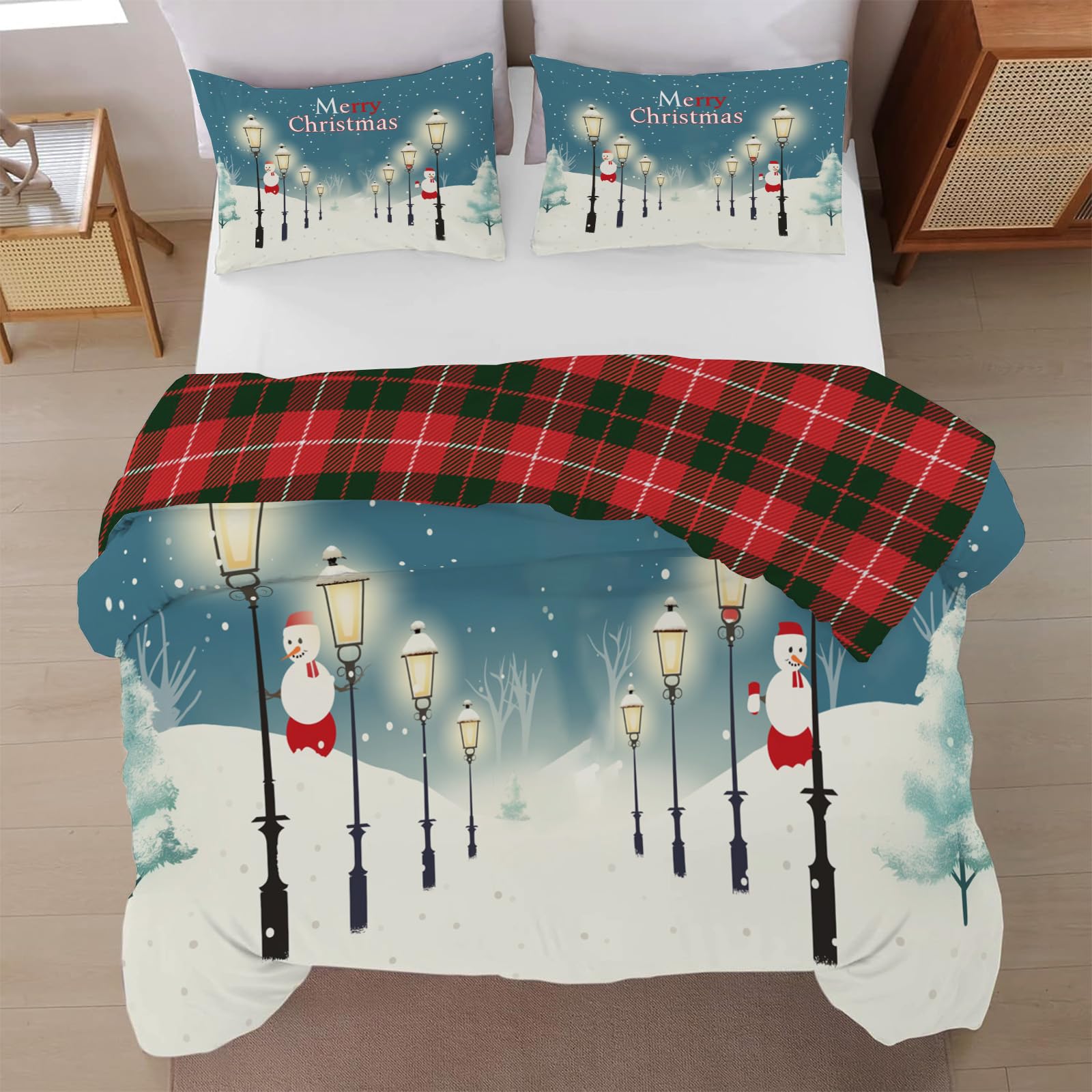 Housse de couette 3D Noël bonhomme de neige 220x240 avec taies d'oreiller en microfibre