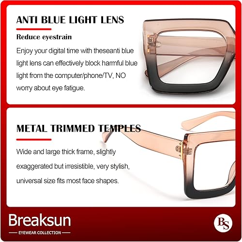 Miniatura 6 de Breaksun Gafas de luz azul de gran tamaño para mujer, gafas gruesas cuadradas para computadora, sin receta, color negro