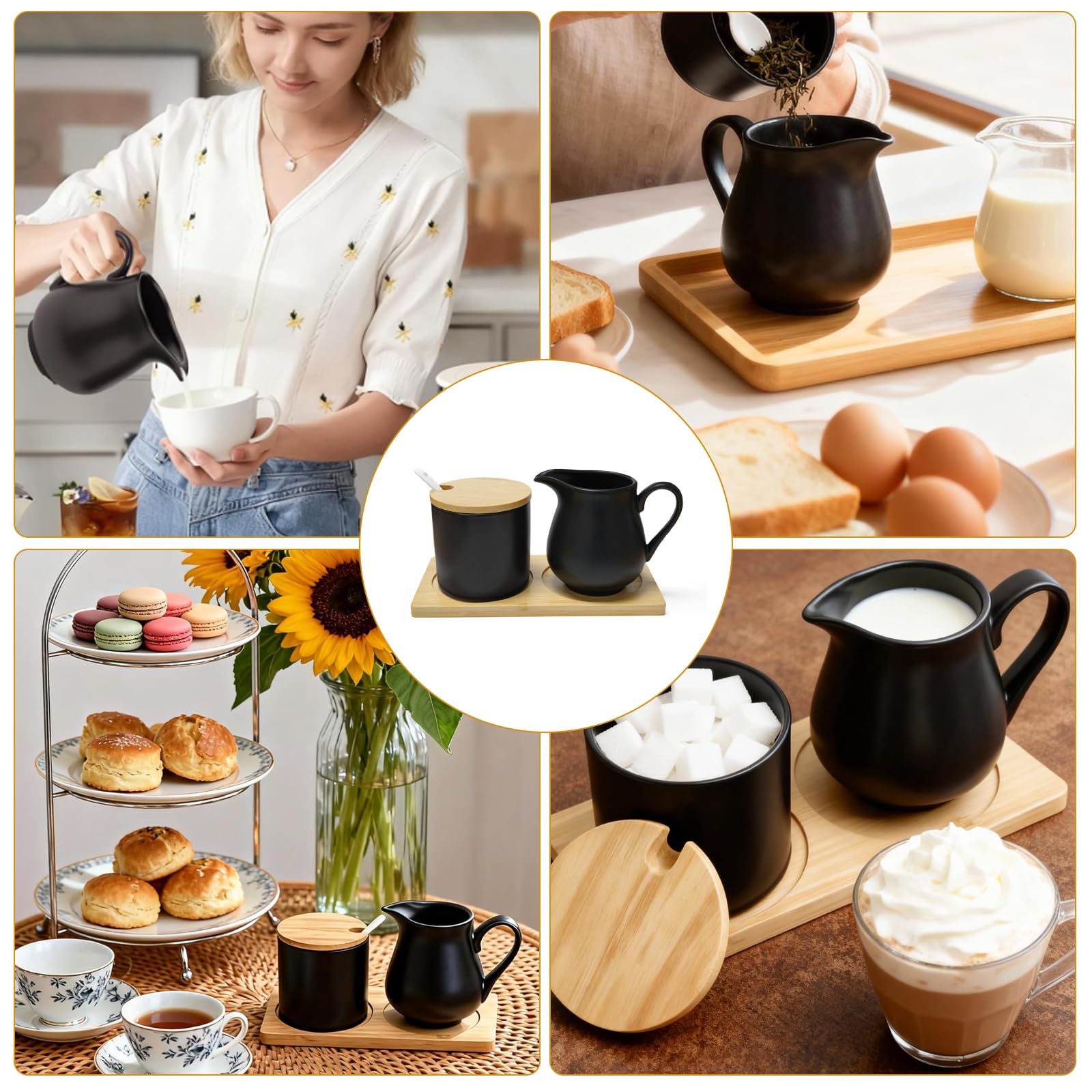 Juego de leche y azúcar con tapa y cuchara, jarra de leche de cerámica y azucarero con bandeja de madera, juego de azúcar para café, jarra de leche, apta para microondas y lavavajillas
