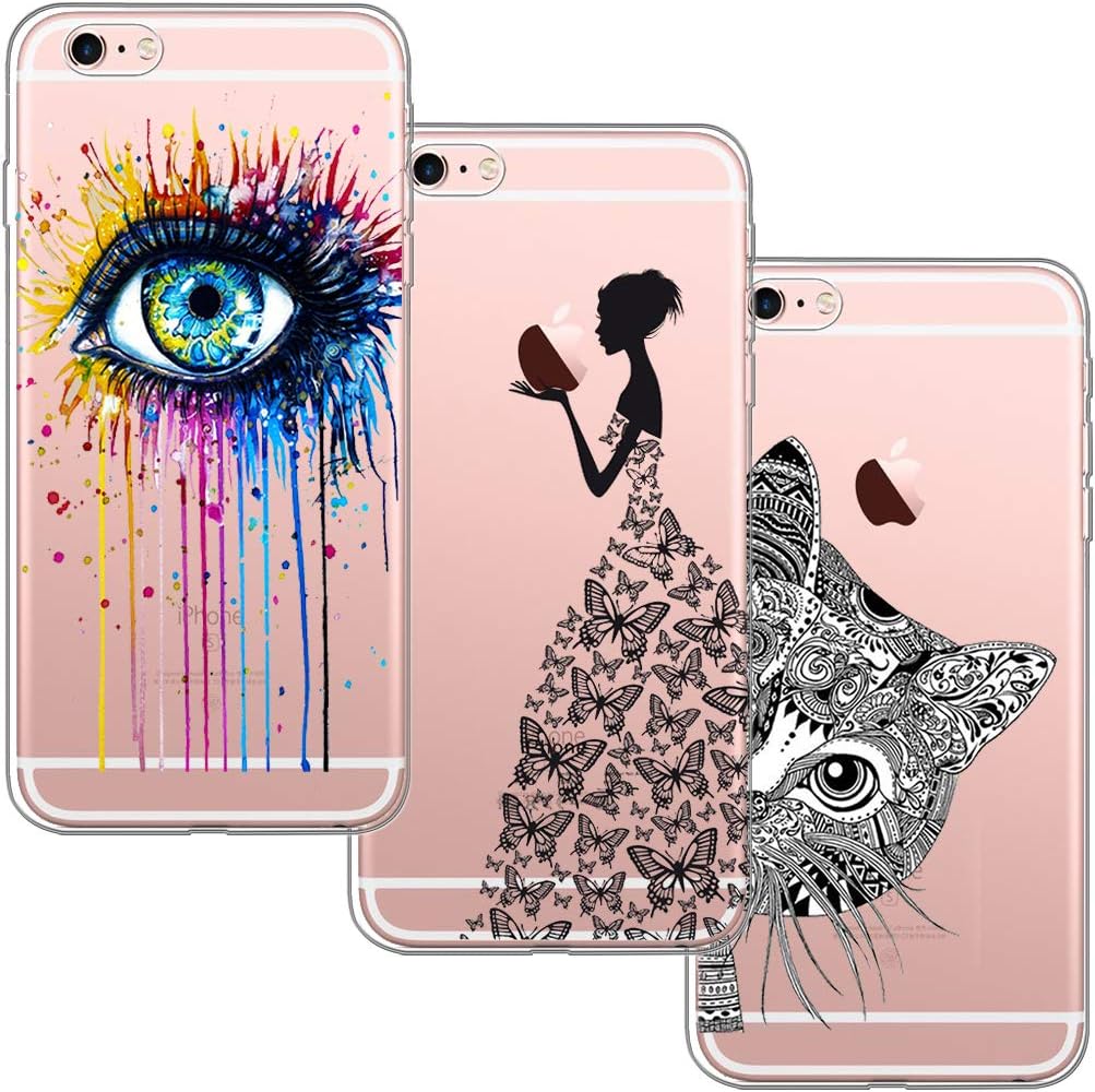 shumeifang [3 Pack] iPhone 6 Case, iPhone 6S Case, Ultra Thin Soft Gel TPU Silicone Case Cover with Cute Cartoon for Apple iPhone 6 / 6S - Eye & Butterfly girl & Cat